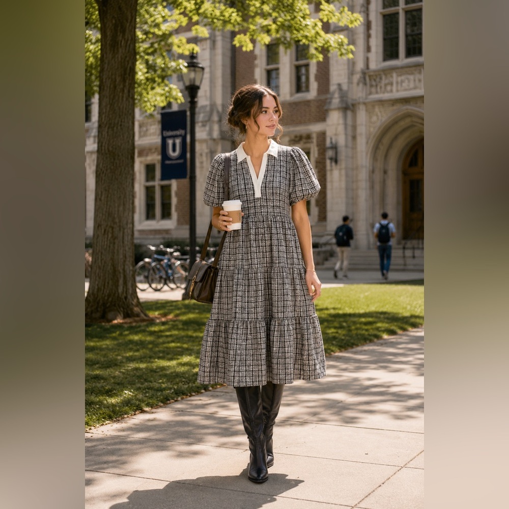 English Factory plaid A-line tiered midi dress
